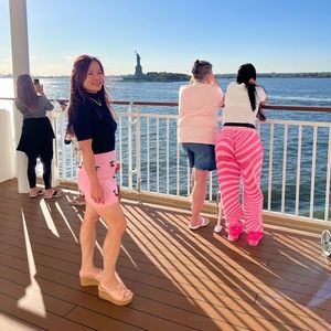 Pink Cherry Print Mini Skirt with black top